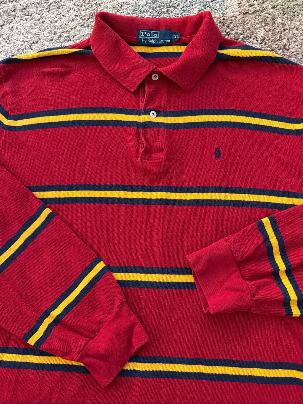 Polo by Ralph Lauren Red Rugby Polo with Navy & Yellow Stripes size XL